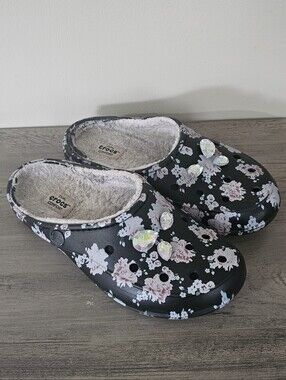 Crocs Women's Freesail Lined Clog Floral Black Iridescent Charms Slipper 7